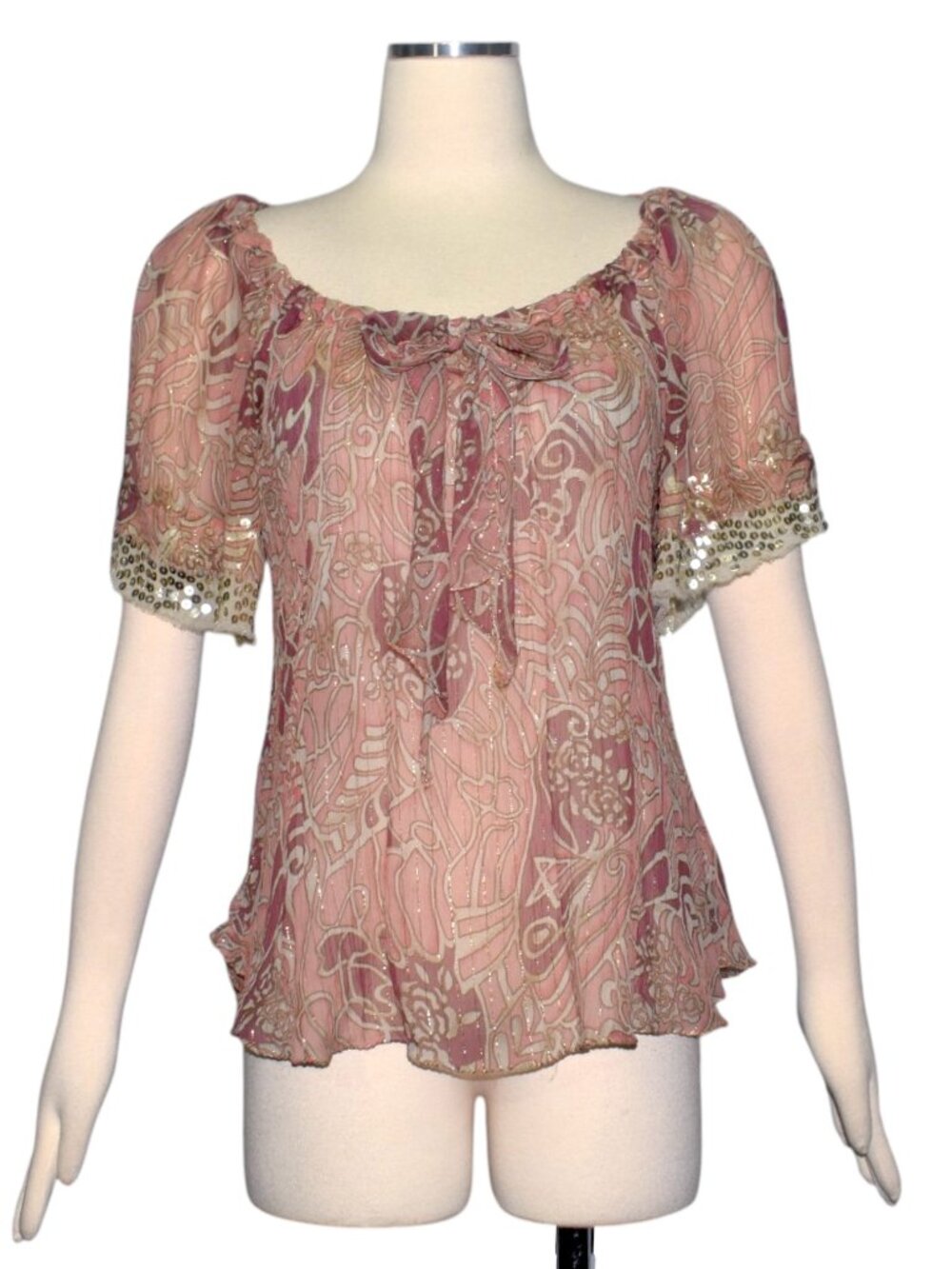 Y2K Boho Luxe Sheer Silk Chiffon Peasant Blouse Pink Gold Metallic Fairycore Top